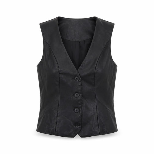 River Island Womens Black Faux Leather Button Blouse Size 8