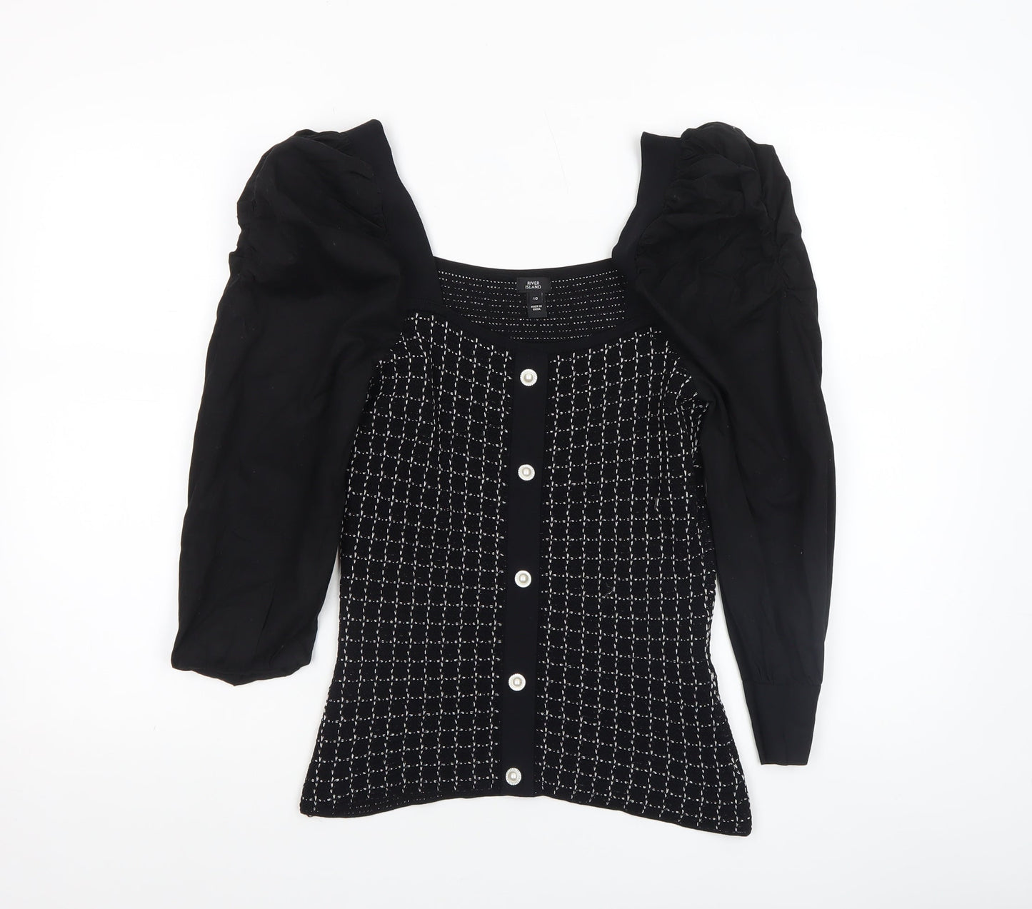 River Island Women Black Geometric Knit Puff Sleeve Cropped Blouse Size 10