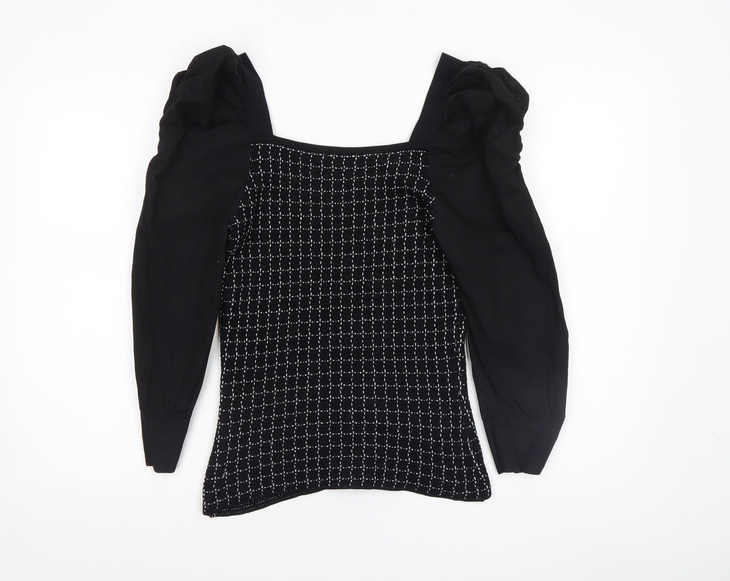 River Island Women Black Geometric Knit Puff Sleeve Cropped Blouse Size 10