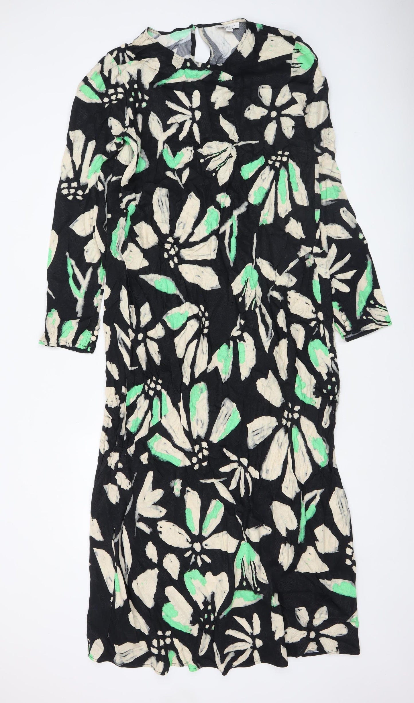 Topshop Women’s Black Floral Midi Shift Dress Size 16 3/4 Sleeve