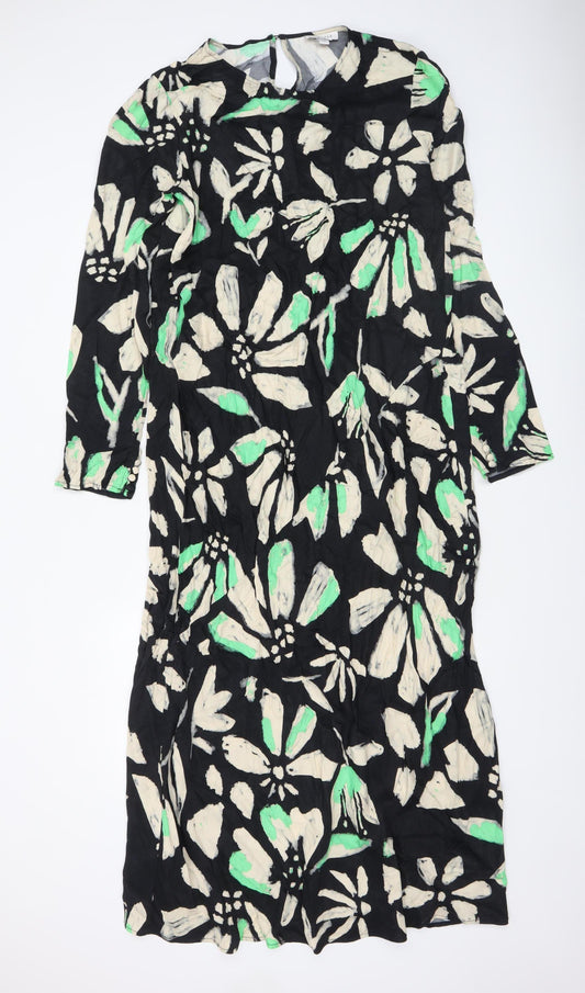 Topshop Women’s Black Floral Midi Shift Dress Size 16 3/4 Sleeve