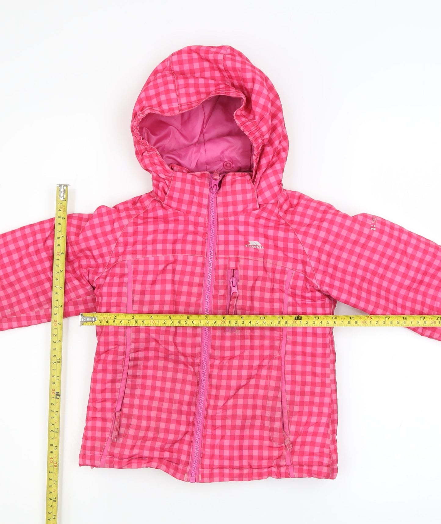 Trespass Girls Pink Check Hooded Waterproof Puffer Jacket 2-3 Years