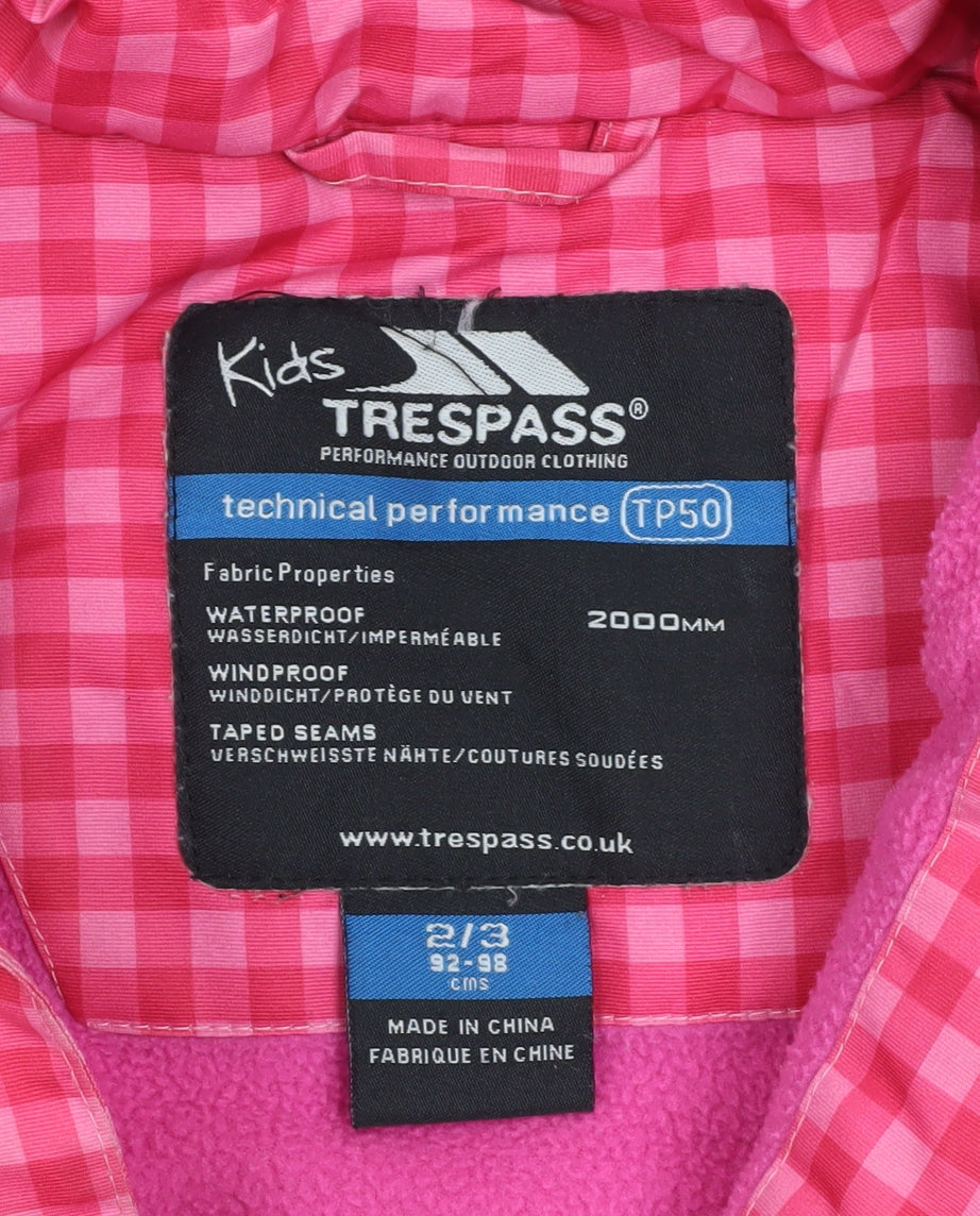 Trespass Girls Pink Check Hooded Waterproof Puffer Jacket 2-3 Years