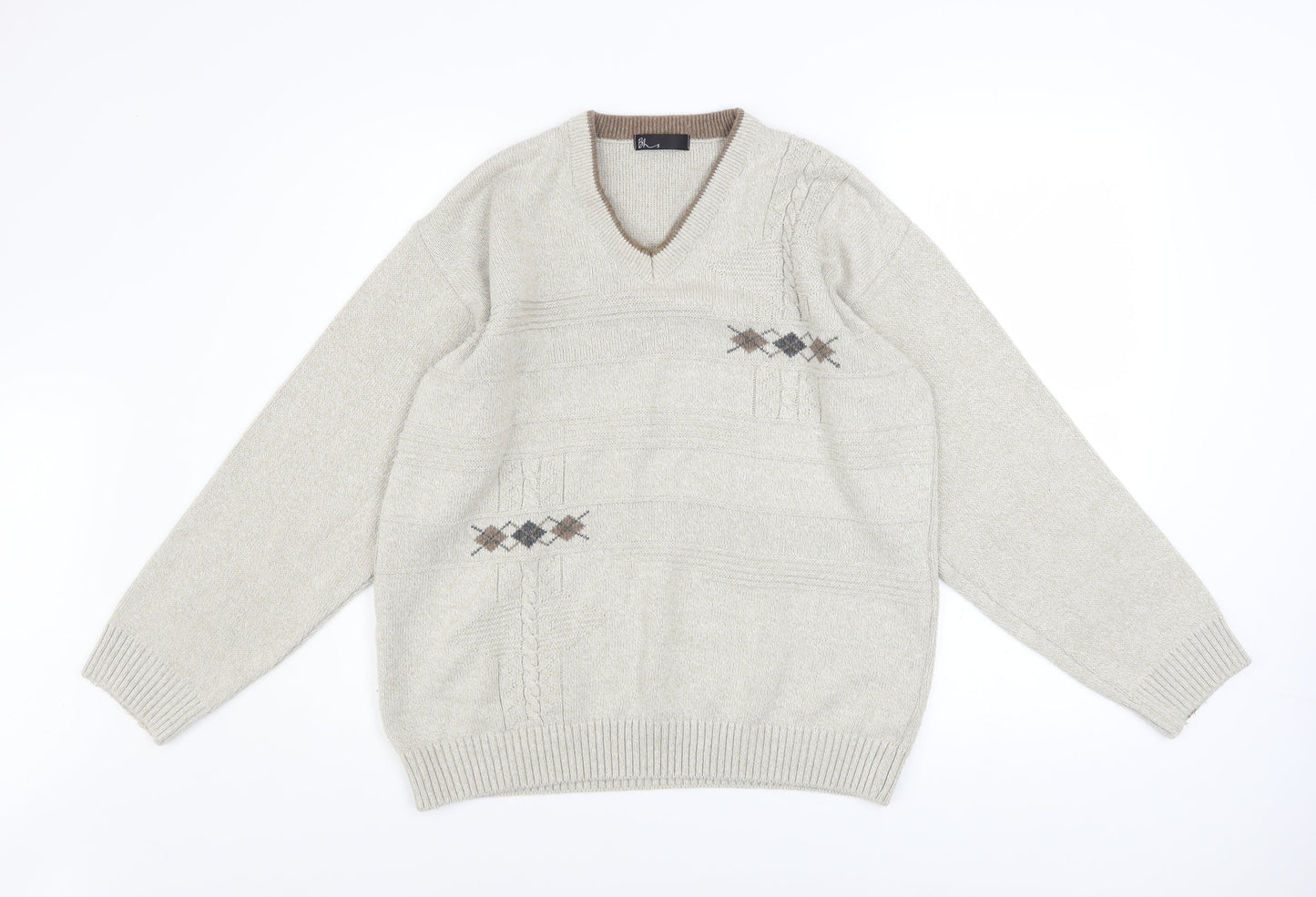 BHS Men's Beige Argyle V-Neck Cotton Acrylic Jumper Size S