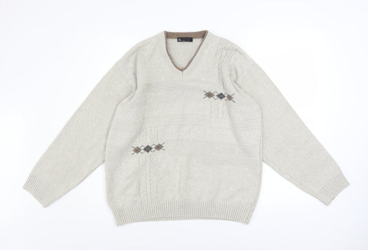 BHS Men's Beige Argyle V-Neck Cotton Acrylic Jumper Size S