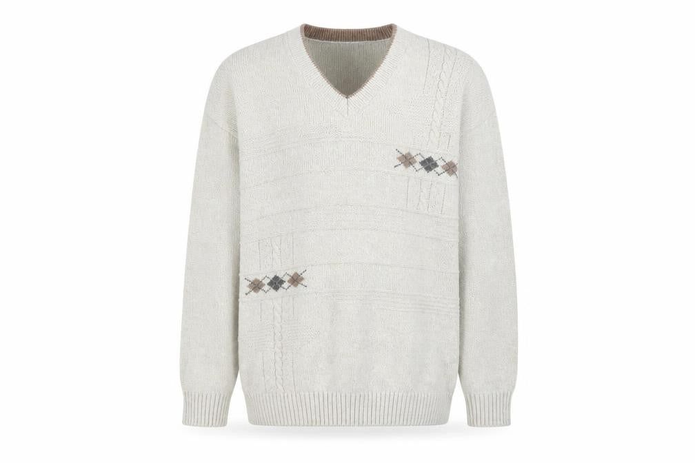 BHS Men's Beige Argyle V-Neck Cotton Acrylic Jumper Size S