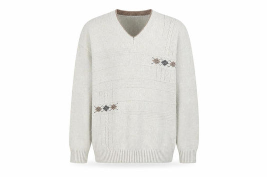 BHS Men's Beige Argyle V-Neck Cotton Acrylic Jumper Size S