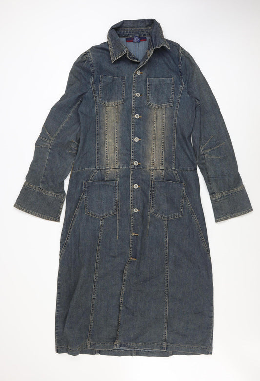 Flirty Blues Women Blue Denim Shirt Dress Size 14 Long Sleeve Casual