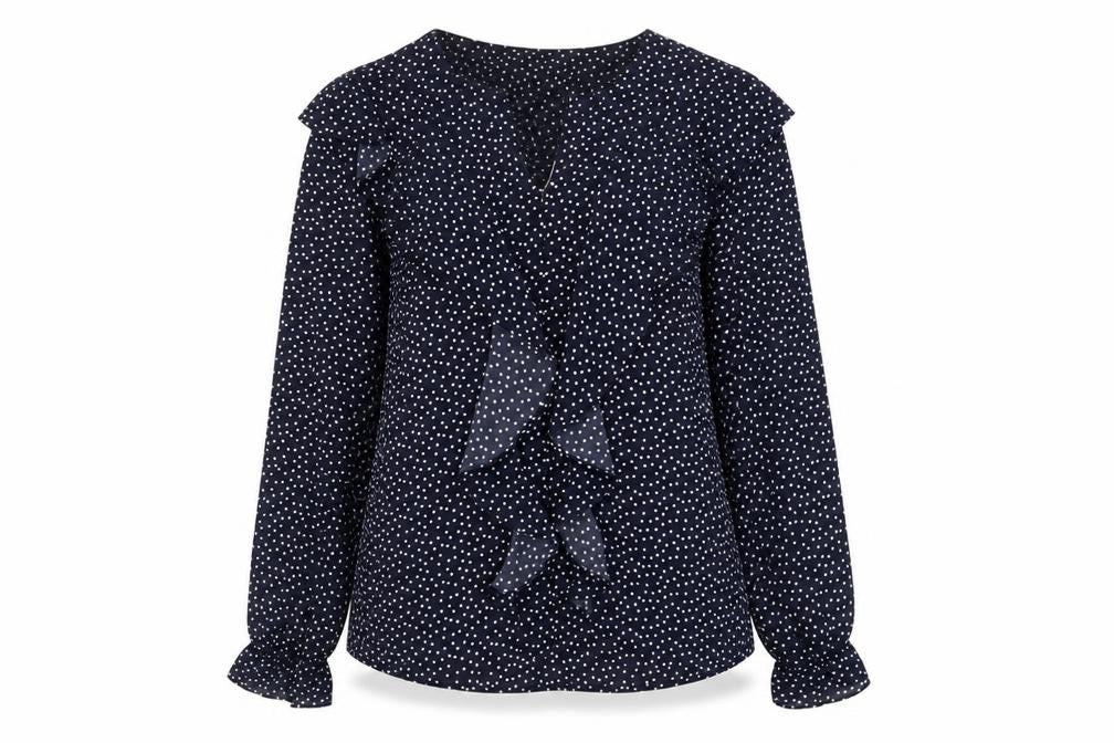 Gallery Womens Blue Polka Dot Ruffle Long Sleeve Blouse Size 10