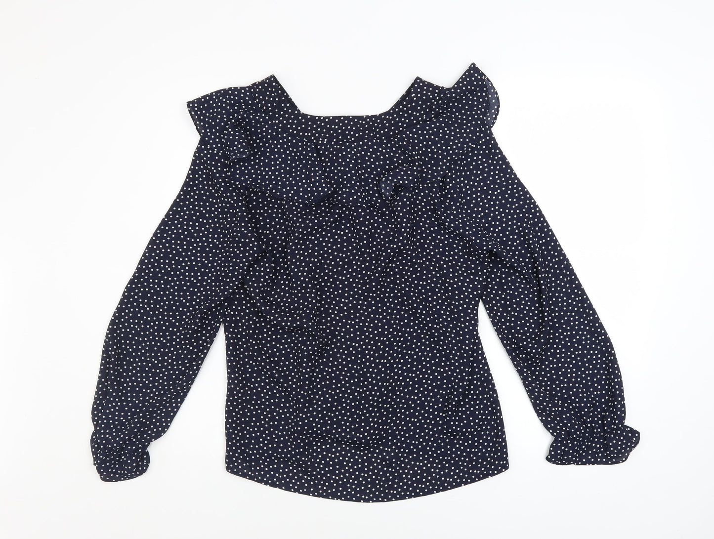 Gallery Womens Blue Polka Dot Ruffle Long Sleeve Blouse Size 10