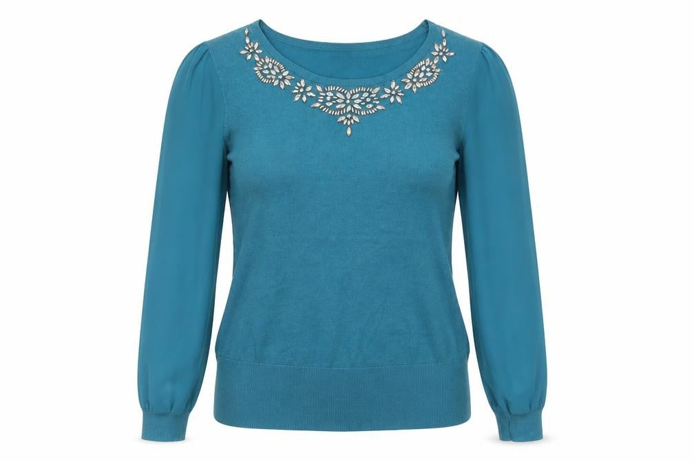 Roman Women Blue Beaded Crew Neck Long Sleeve Pullover Jumper Size 12