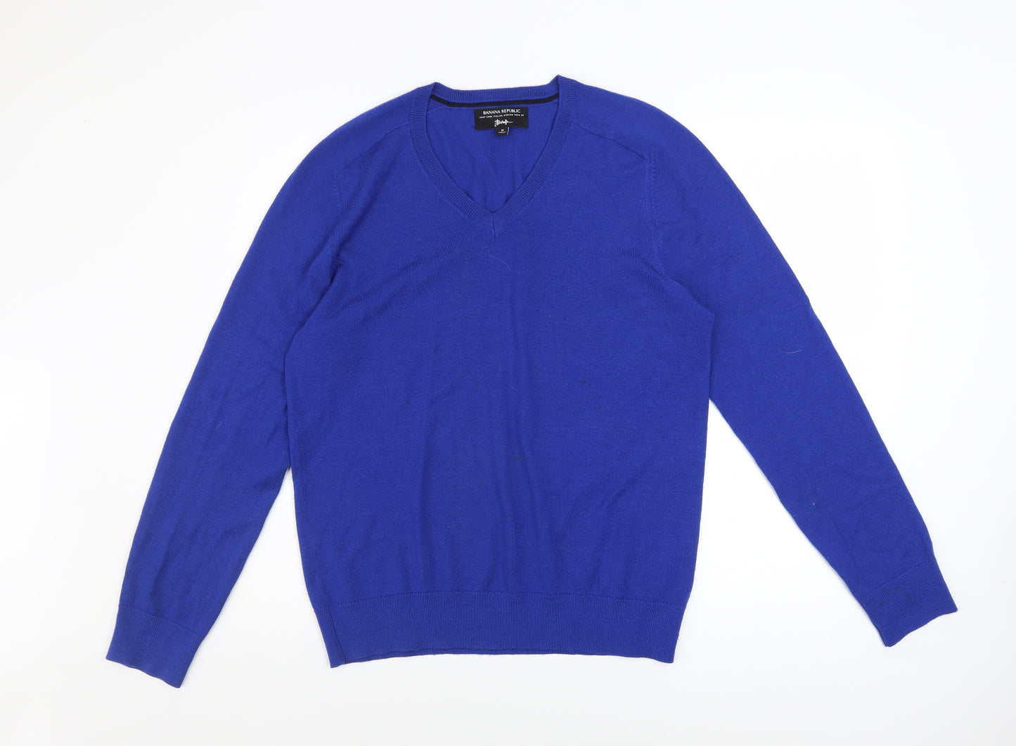 Banana Republic Men's Blue Merino Wool V-Neck Jumper Size M