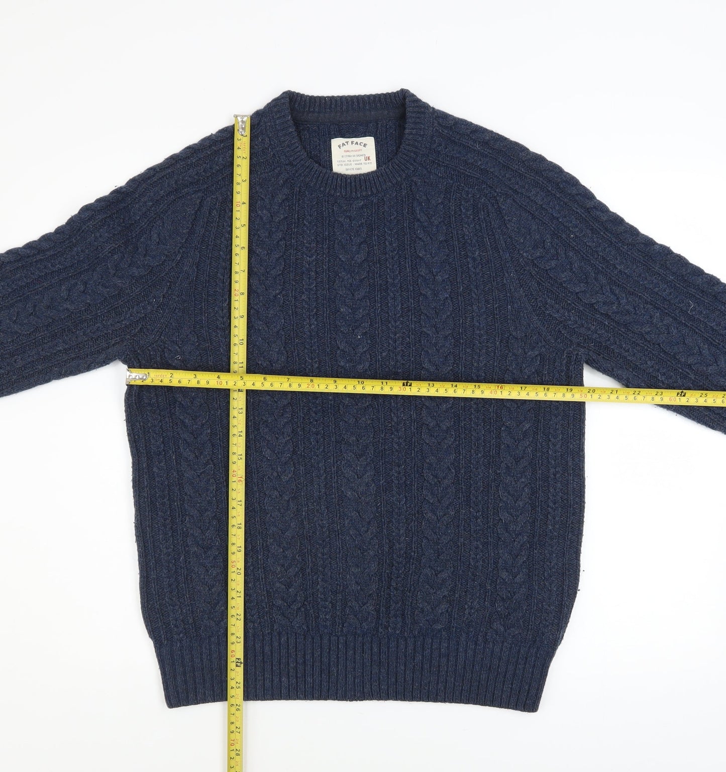 Fat Face Men's Blue Cable-Knit Wool Blend Crew Neck Jumper Size M