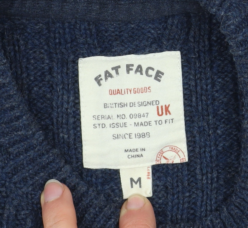 Fat Face Men's Blue Cable-Knit Wool Blend Crew Neck Jumper Size M