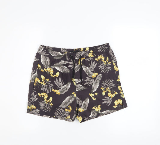 boohooMAN Men's Black Floral Swim Shorts S Quick Dry Festival Style