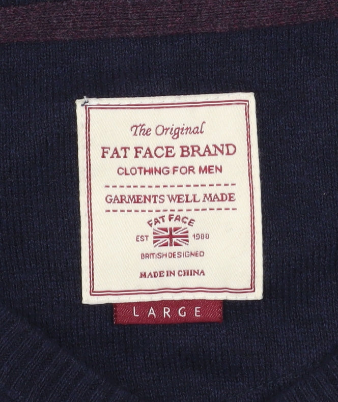 Fat Face Men's Blue Cotton Cashmere V-Neck Jumper Size L