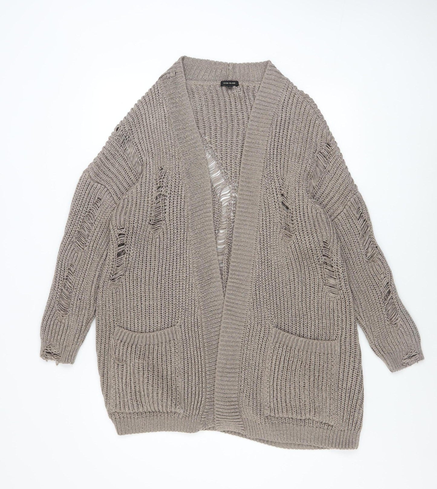River Island Women’s Beige Chunky Knit Distressed Open Cardigan M