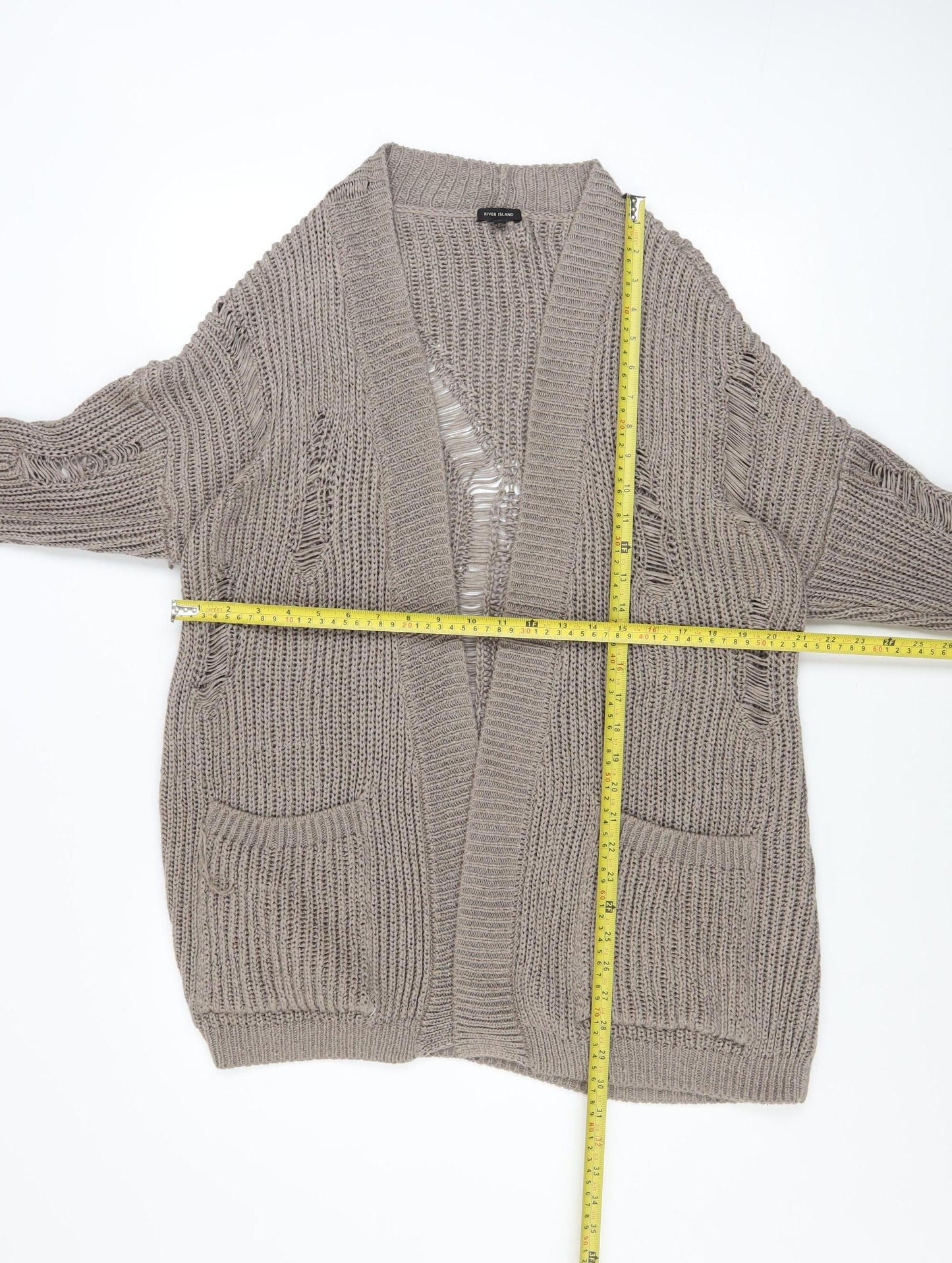 River Island Women’s Beige Chunky Knit Distressed Open Cardigan M