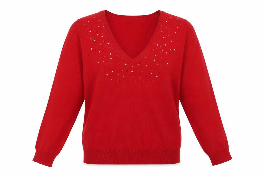 Marks & Spencer Women's Red V-Neck Rhinestone Pullover Jumper UK 10