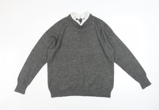 RR Women’s Grey V-Neck Knit Jumper Lace Detail Size L