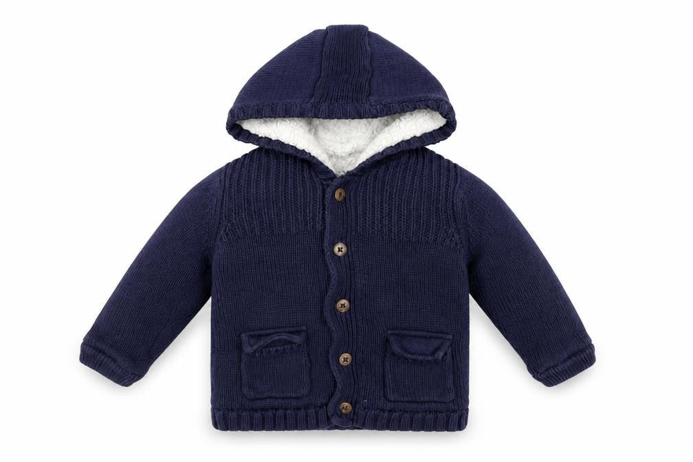 Marks & Spencer Unisex Baby Navy Hooded Knitted Jacket 12-18 Months Lined Cotton