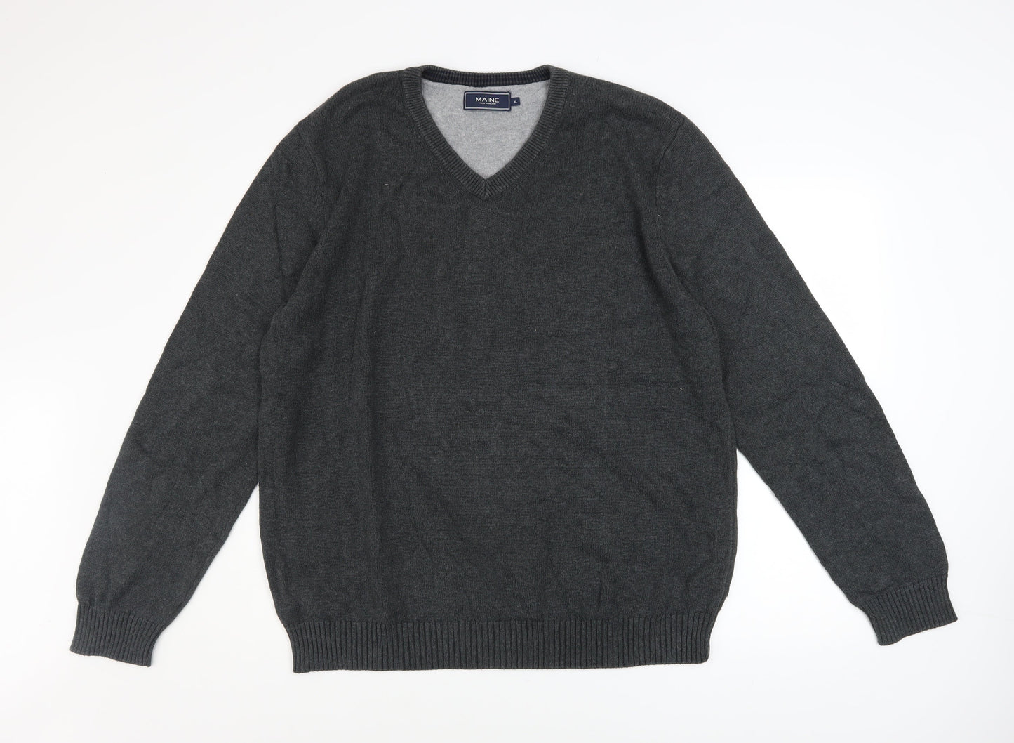 Maine New England Men's Grey Cotton V-Neck Jumper XL