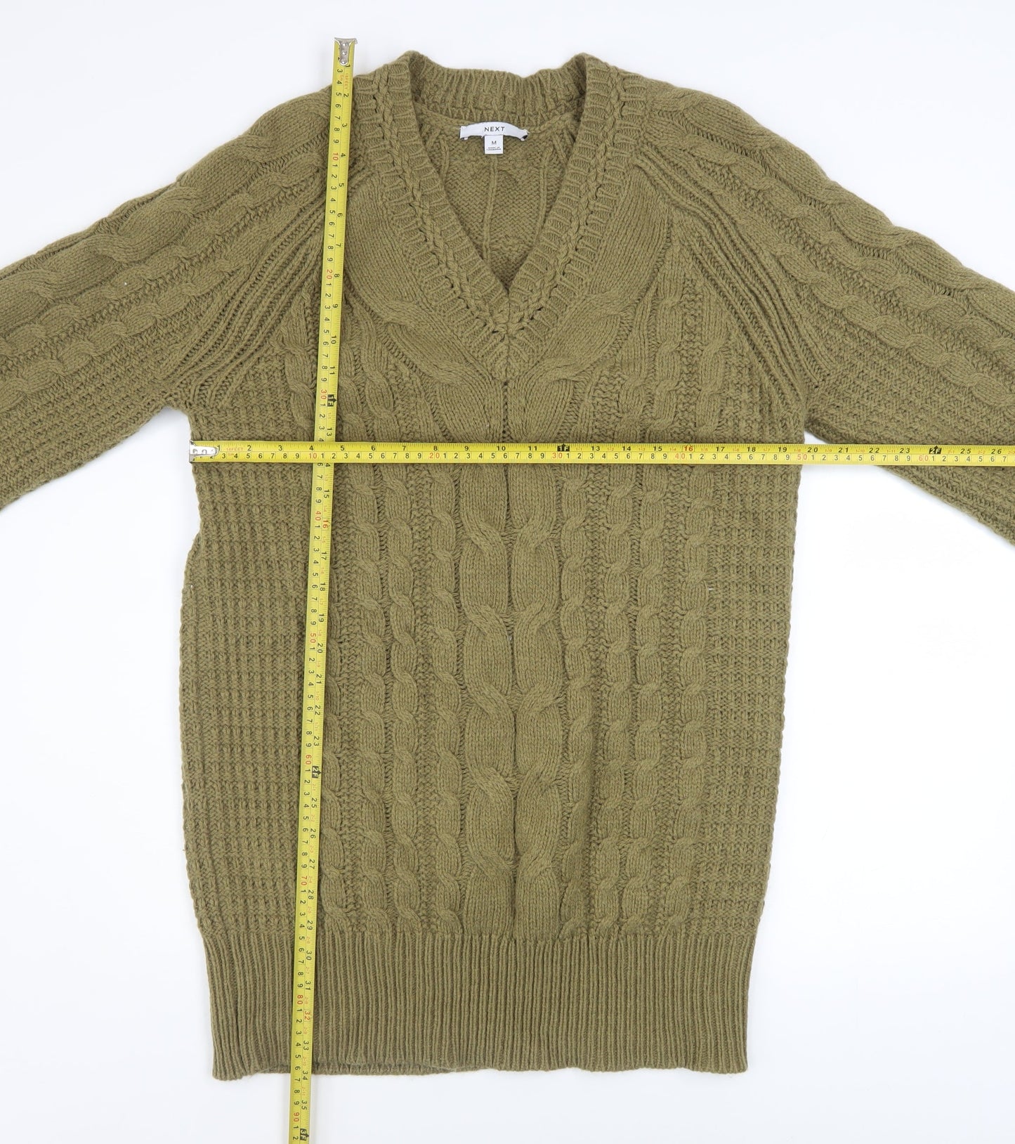 Next Women Green Jumper Dress Size 12 V-Neck Long Sleeve Knit