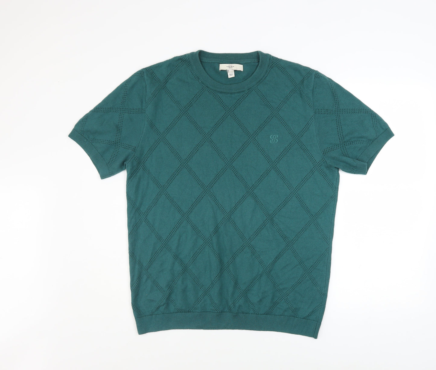River Island Men's Green Diamond Knit Short Sleeve T-Shirt Size L