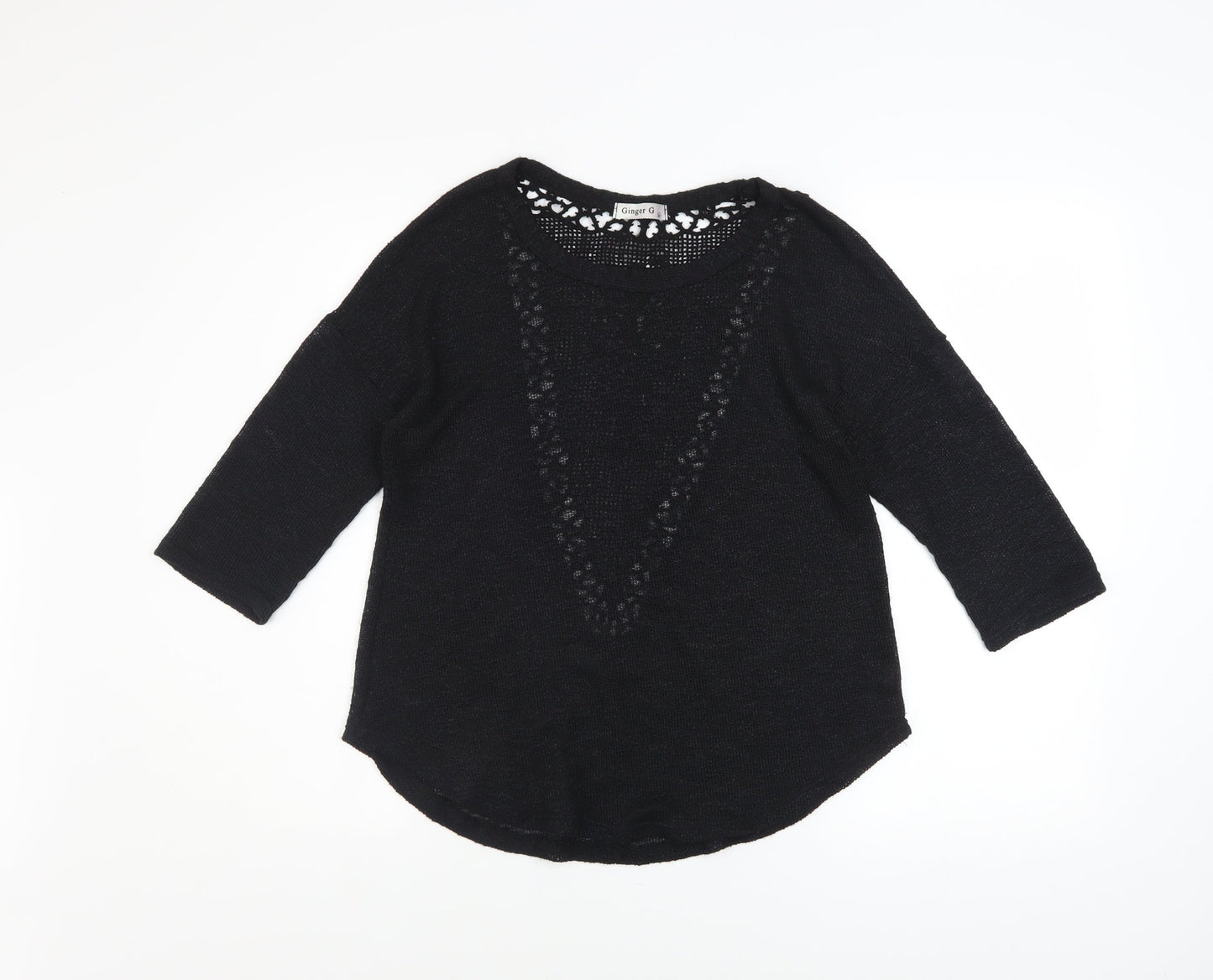 Ginger G Women Black Open Knit 3/4 Sleeve Pullover Jumper M
