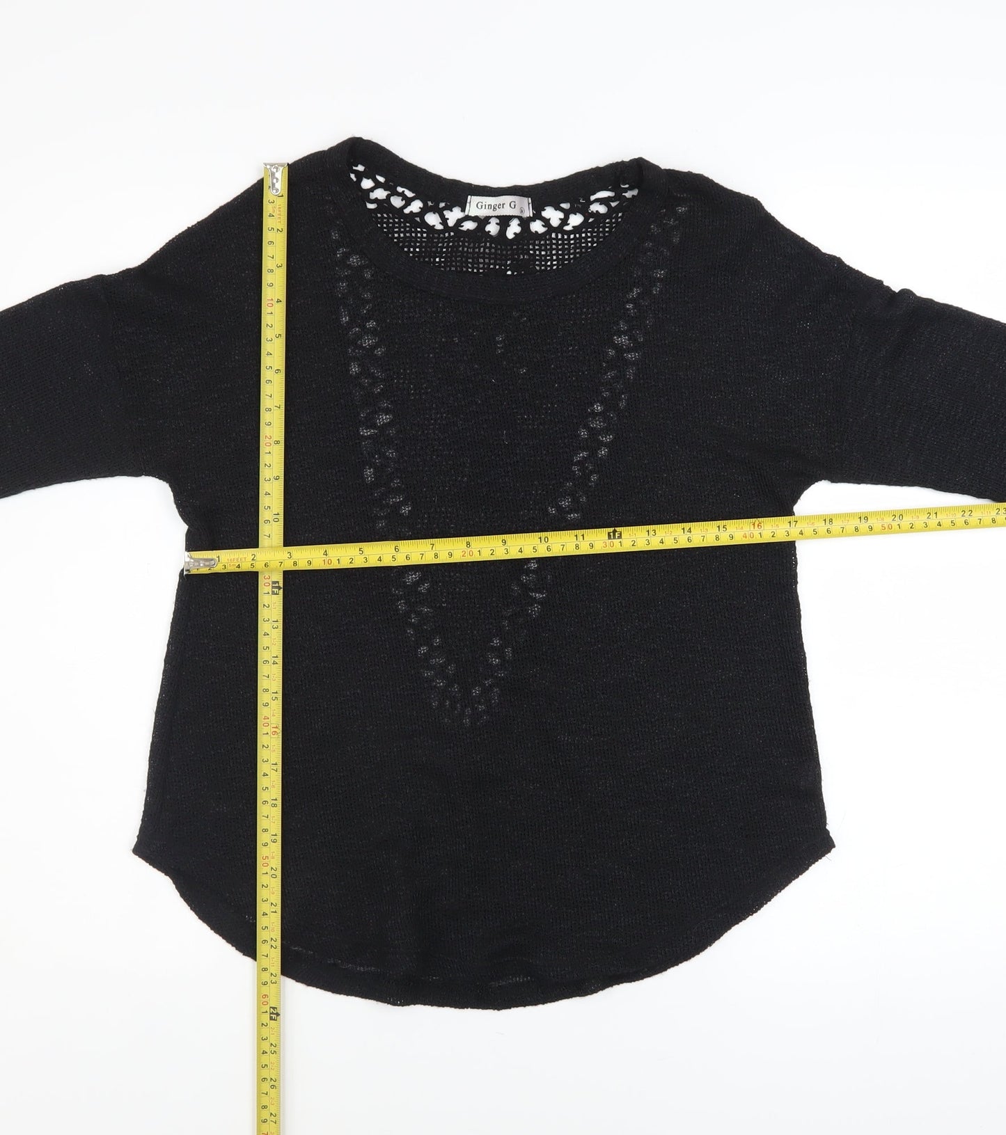 Ginger G Women Black Open Knit 3/4 Sleeve Pullover Jumper M