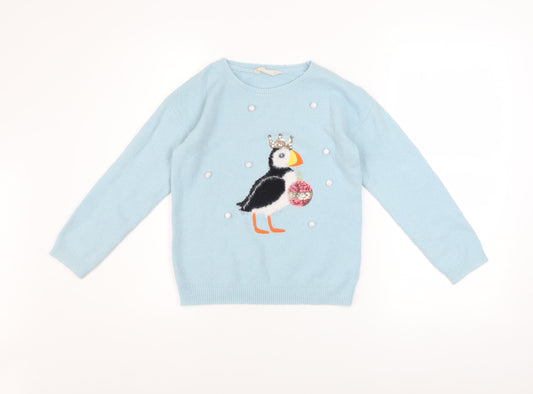John Lewis Girls Blue Puffin Crown Jumper Size 7 Years Acrylic Blend