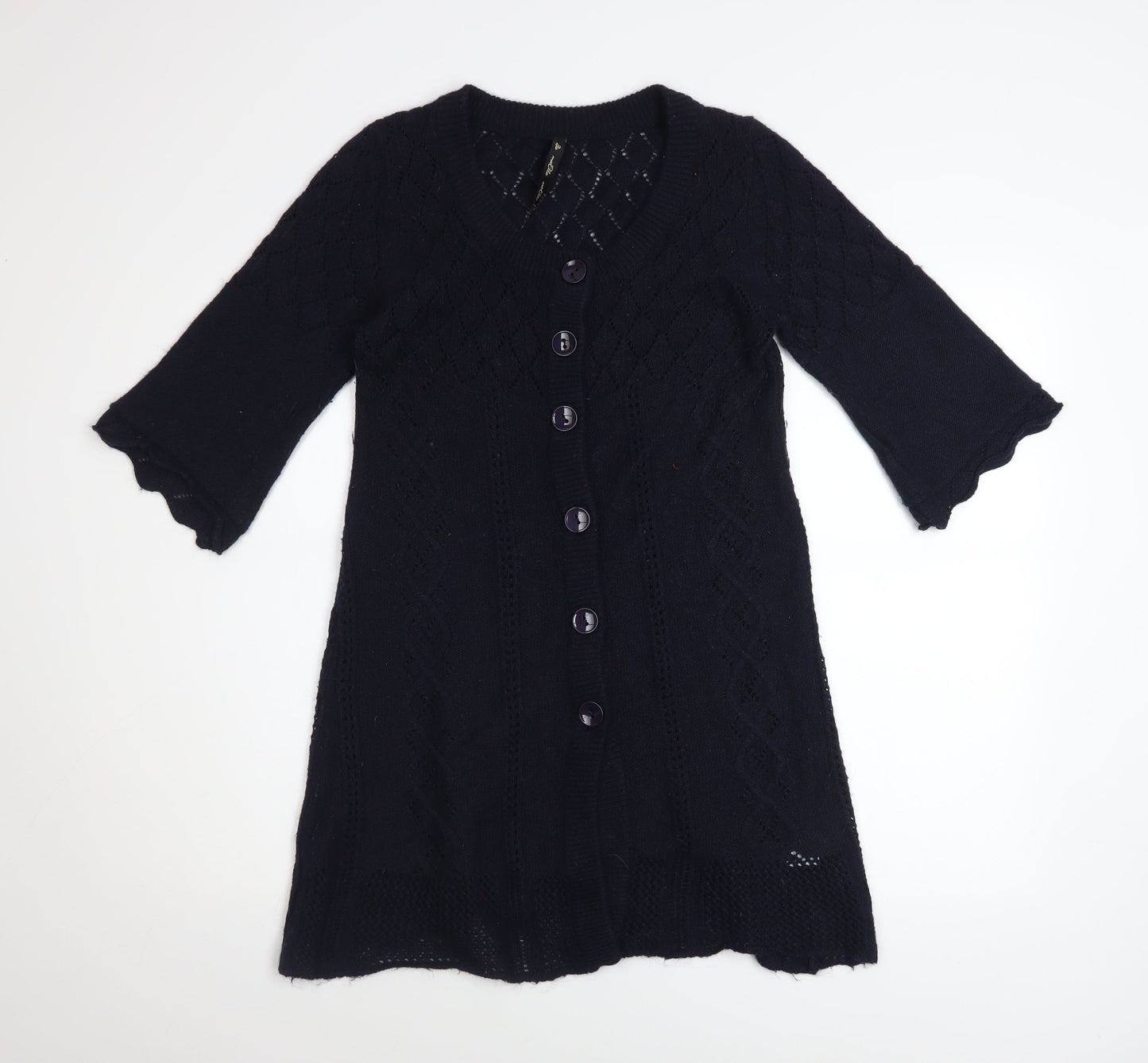 maElla Women Black Knit A-Line Dress S 3/4 Sleeve Button Classic Winter