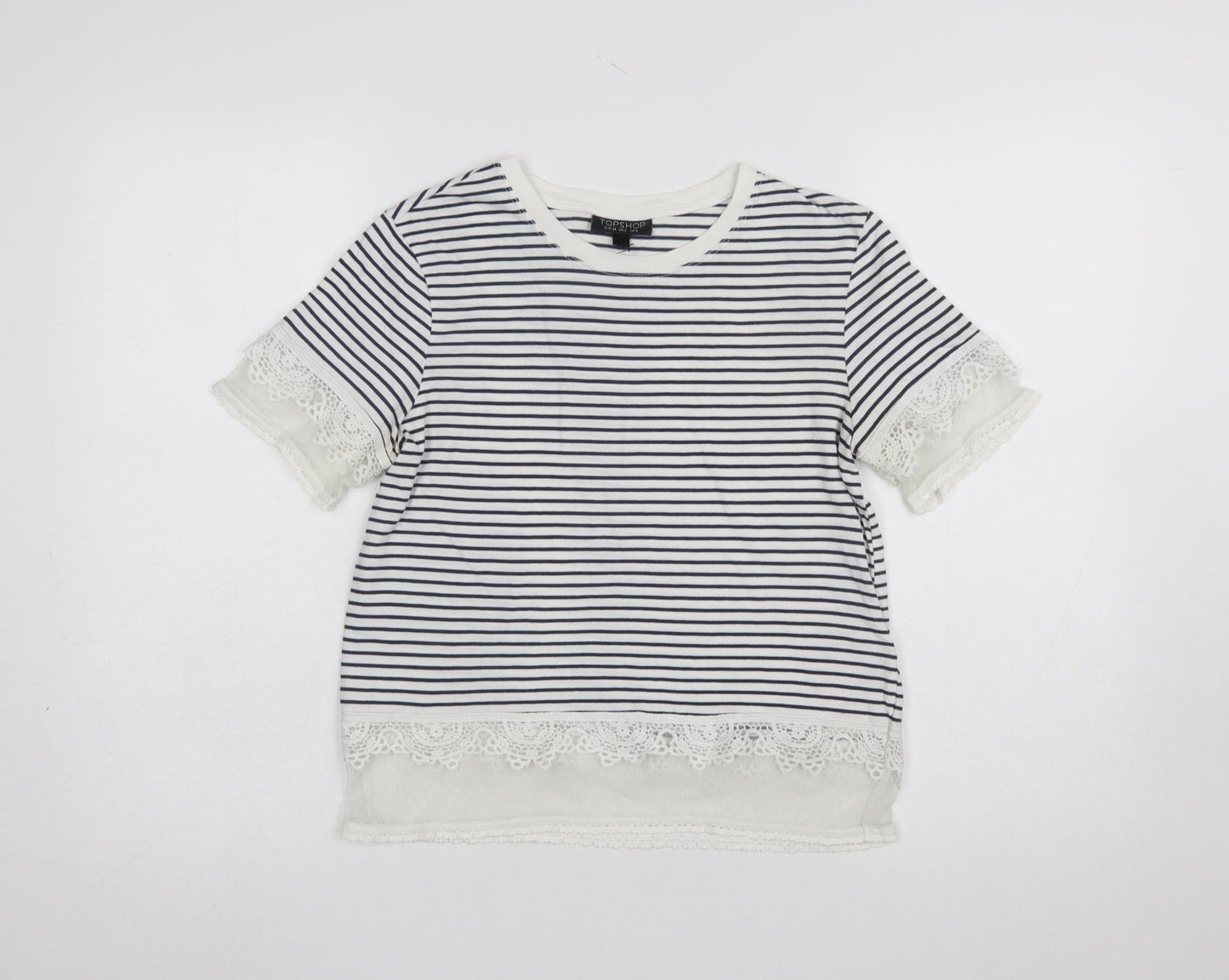 Topshop Women's Navy Striped Lace Trim T-Shirt UK 6