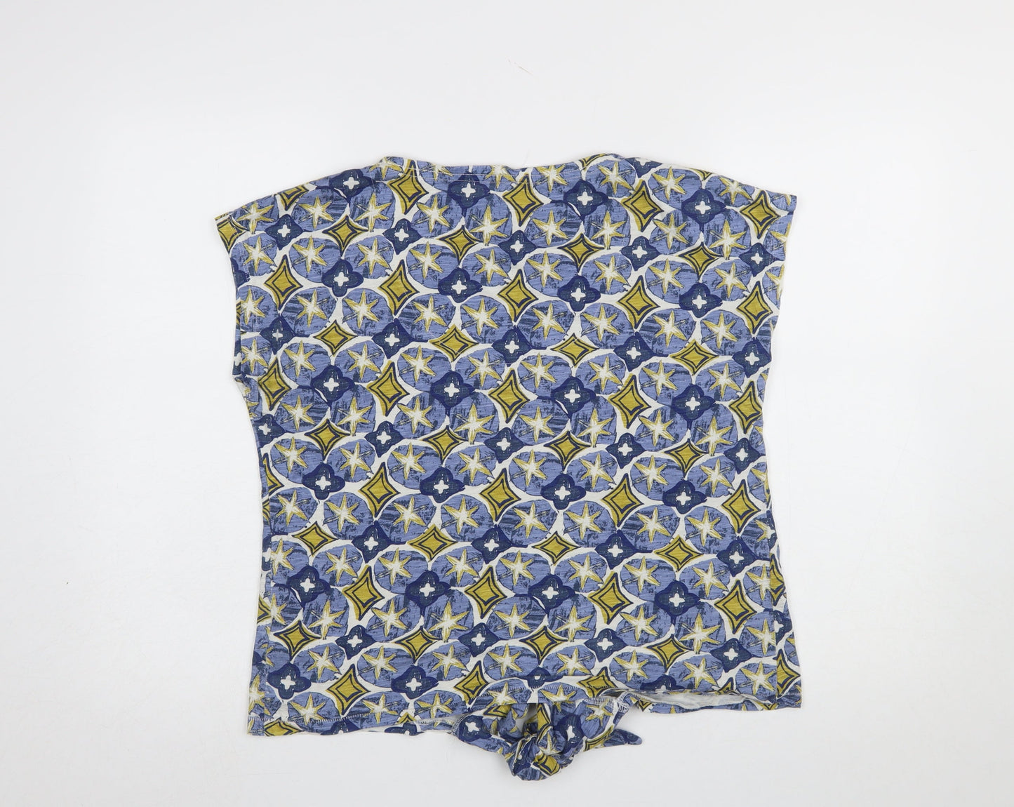 White Stuff Women's Blue Yellow Patterned Cotton Tie Hem T-Shirt UK 8