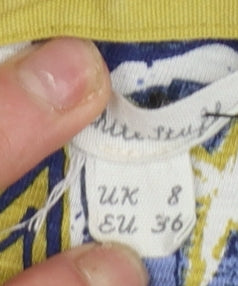 White Stuff Women's Blue Yellow Patterned Cotton Tie Hem T-Shirt UK 8