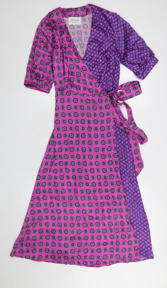 Cecilie Copenhagen Women's Pink Geometric Wrap Midi Dress Size S