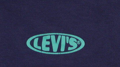 Brand and care label for Levi's boys’ navy and green pullover hoodie size 14a 164cm cotton blend
