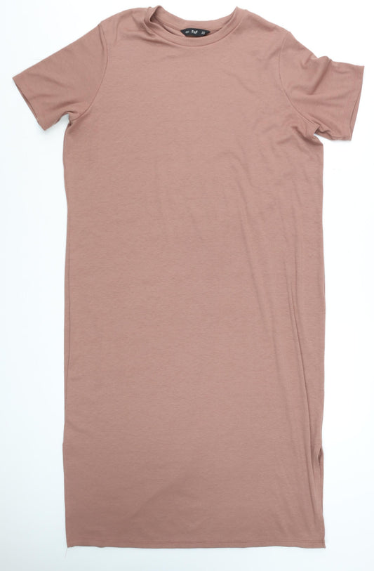 F&F Women Brown Short Sleeve Ribbed Midi T-Shirt Dress Size 10