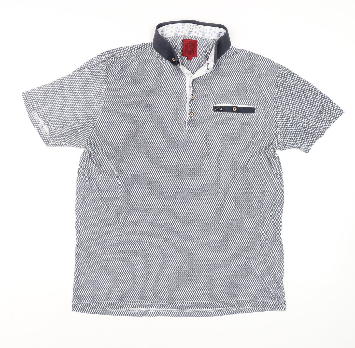 Swade Men's Blue Geometric Cotton Short Sleeve Polo Shirt L