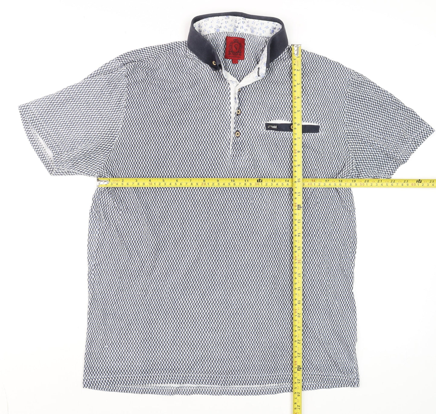 Swade Men's Blue Geometric Cotton Short Sleeve Polo Shirt L