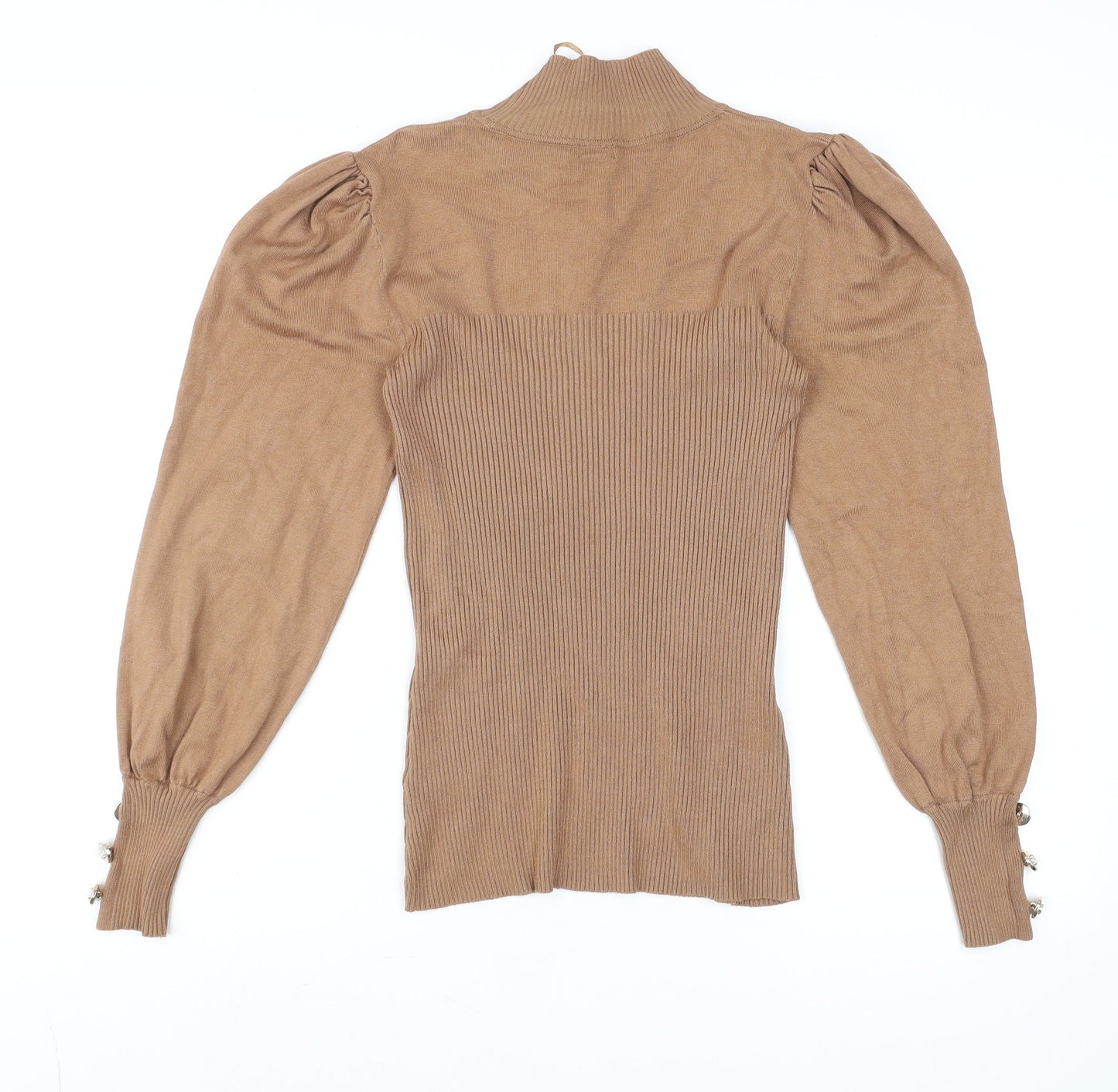 River Island Women’s Brown High Neck Puff Sleeve Knit Blouse Size 10