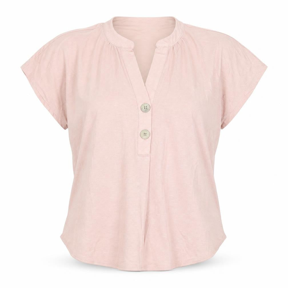Cortefiel Women’s Pink Short Sleeve Henley Blouse Size 10 Cotton Blend