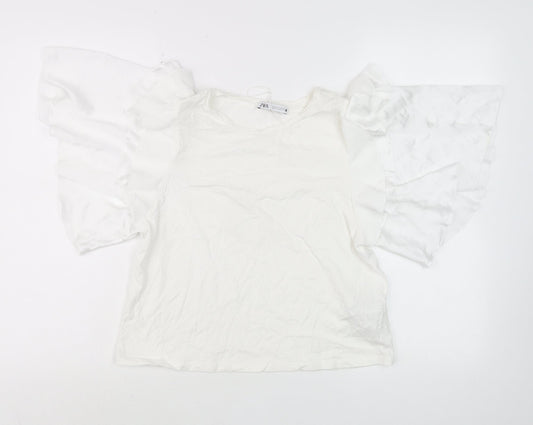 ZARA Women White Ruffle Flutter Sleeve Tunic Blouse Size S