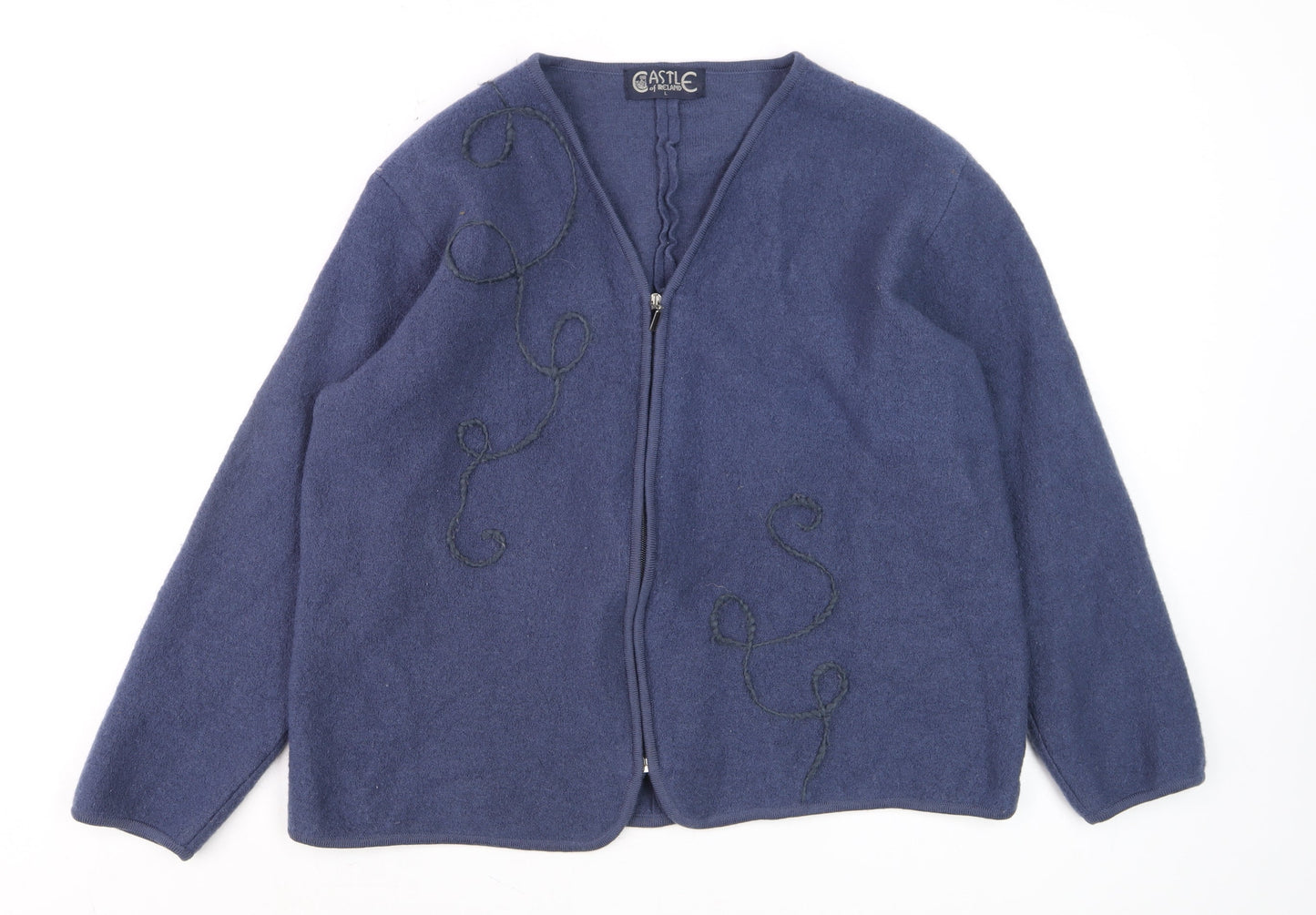 Castle of Ireland Women Blue Wool Full Zip V-Neck Cardigan L