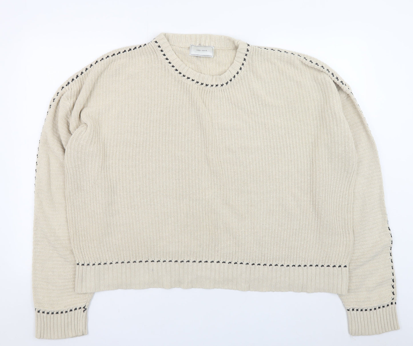 Neo Noir Mens Beige Chunky Knit Cotton Blend Crew Neck Jumper L
