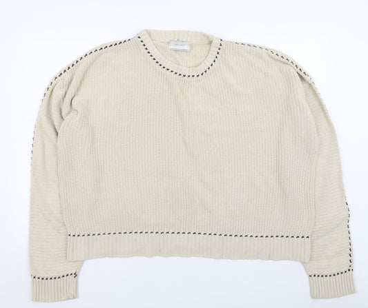 Neo Noir Mens Beige Chunky Knit Cotton Blend Crew Neck Jumper L
