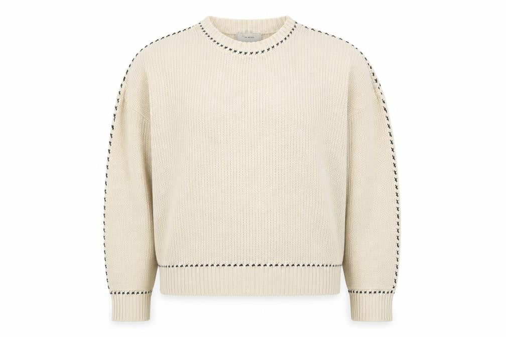 Neo Noir Mens Beige Chunky Knit Cotton Blend Crew Neck Jumper L