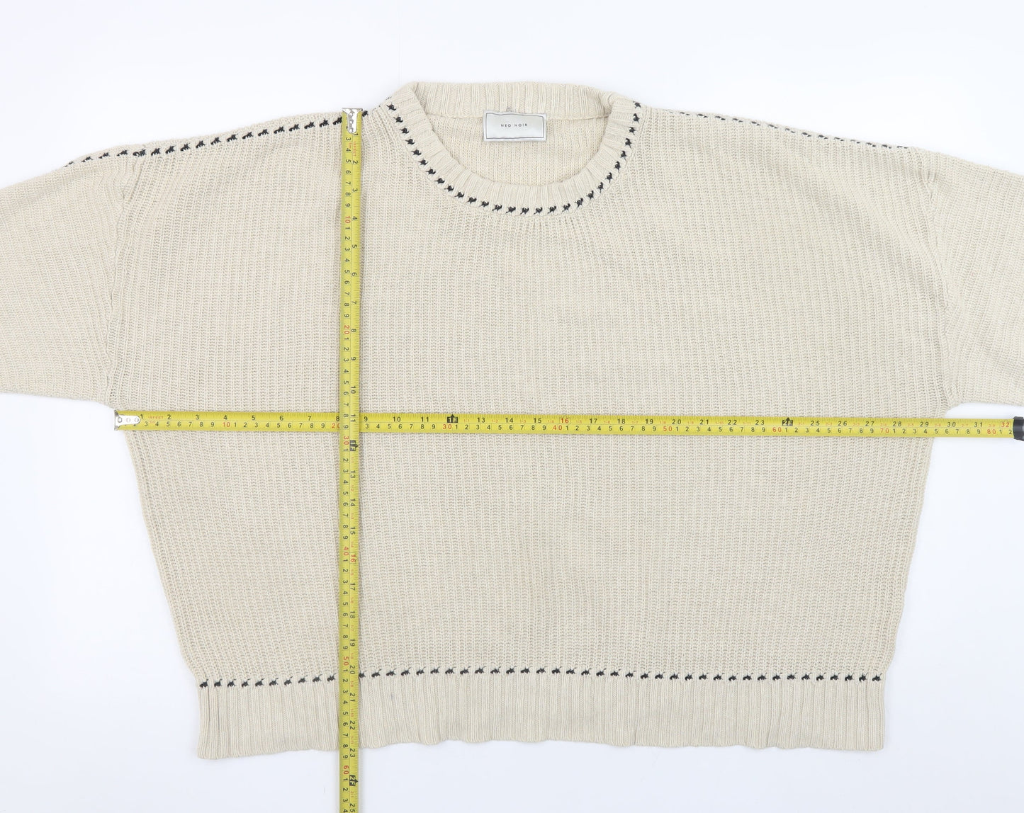 Neo Noir Mens Beige Chunky Knit Cotton Blend Crew Neck Jumper L