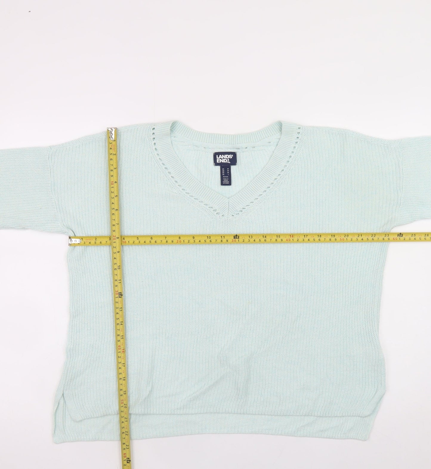Lands' End Women's Blue Petite Linen Cotton V-Neck 3/4 Sleeve Jumper Size M
