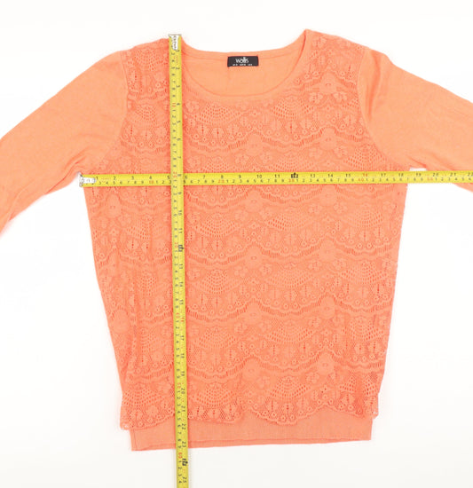 Wallis Women’s Orange Lace Knit 3/4 Sleeve Scoop Neck Jumper Size 10
